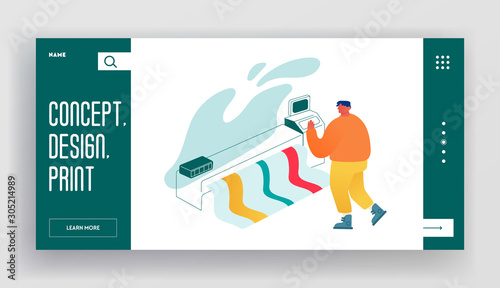Designer Using Widescreen Offset Printing Machine Website Landing Page. Man Print Banner on Multifunction Laser Printer. Creative Typography Agency Web Page Banner. Cartoon Flat Vector Illustration