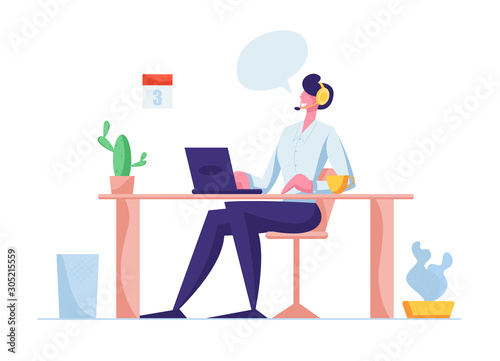 Customer Support Service. Consultant on Hotline Chat with Client, Telemarketer. Call Center Answer Infographic Character in Headset Technical Professional Receptionist Cartoon Flat Vector Illustration