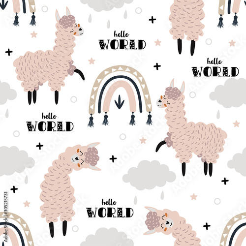 seamless pattern with llamas and rainbows on white background - vector illustration, eps