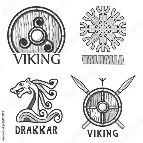 Scandinavian warriors equipment isolated icons, vikings armor