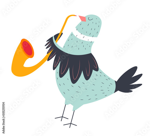 Pigeon bird playing saxophone isolated cartoon character