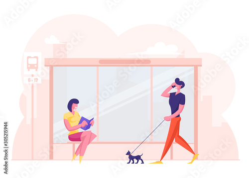 People on Bus Station. Young Woman Sitting on Bench Reading Book while Waiting Commuter. Relaxed Man Pedestrian Walking with Dog Talking by Smartphone. City Transport Cartoon Flat Vector Illustration