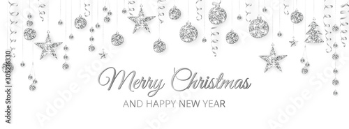 Merry Christmas banner with silver decoration on white background