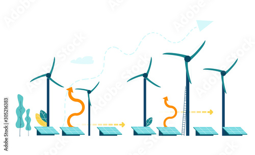 Wind turbine power generators process and solar batteries.  Alternative energy sources, eco friendly future, safe the planet concept.  Alternative energy sources, eco friendly future