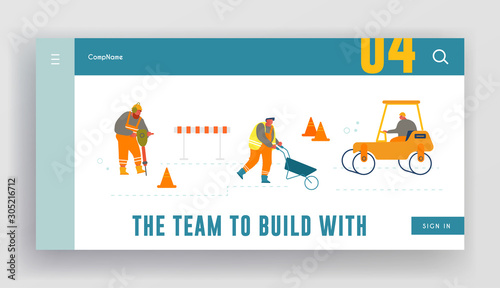 Road Repair with Roller Machine Website Landing Page. Builders Remove Soil with Shovel and Wheelbarrow on Construction Site or Highway Renovation Web Page Banner. Cartoon Flat Vector Illustration