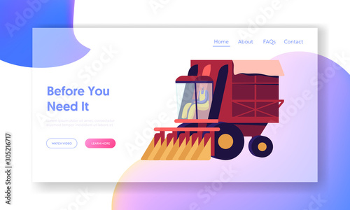 Cotton Picker Working in Field Website Landing Page. Mechanized Harvesting of Fiber Raw Materials. Driver Riding Truck Collecting Plants on Farmland Web Page Banner. Cartoon Flat Vector Illustration