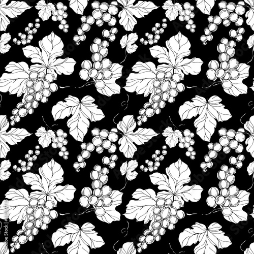 Vector Grape berry healthy food. Black and white engraved ink art. Seamless background pattern.