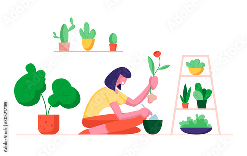 Woman Botanist Holding Spade Digging Home Plant Replanting to another Pot. Gardening Hobby, Female Character Care of Domestic Flower in Greenhouse Orangery or Home. Cartoon Flat Vector Illustration