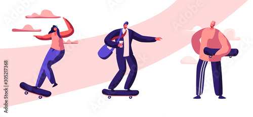 Set of Young Skateboarders Active Boys and Girls Sport Extreme, Summer Leisure Activity. Skateboarding Male and Female Characters Relaxing in Public Park on Weekend. Cartoon Flat Vector Illustration