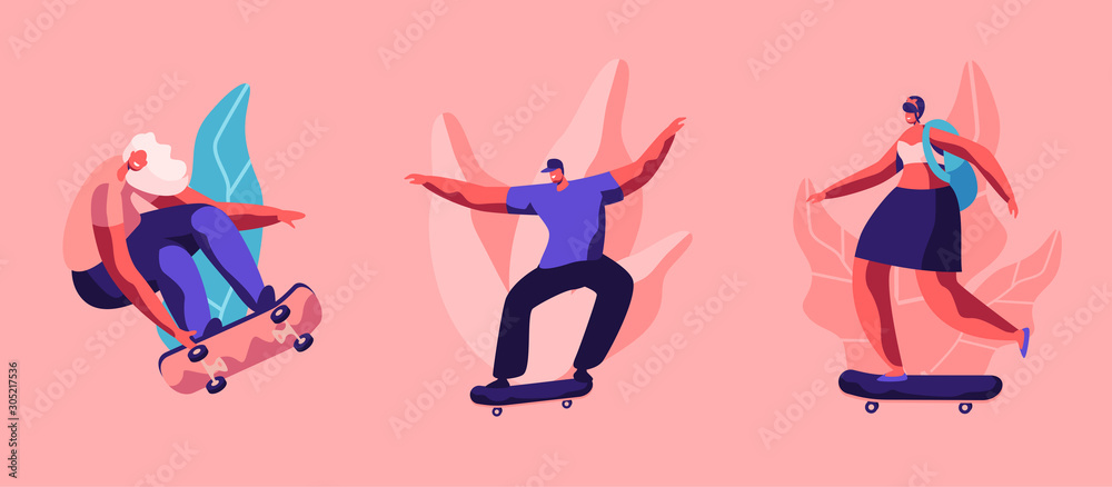 Set of Young People Skating Longboard in City Park. Skater Hipster Boys and Girls Freedom Lifestyle. Urban City Sport, Teenagers Making Stunts and Tricks by Skateboard Cartoon Flat Vector Illustration