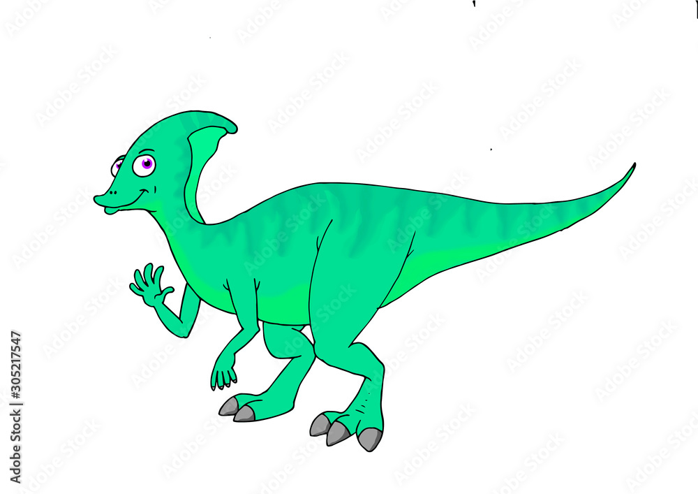 A children's illustration of a dinosaur of the species parasaurolophus