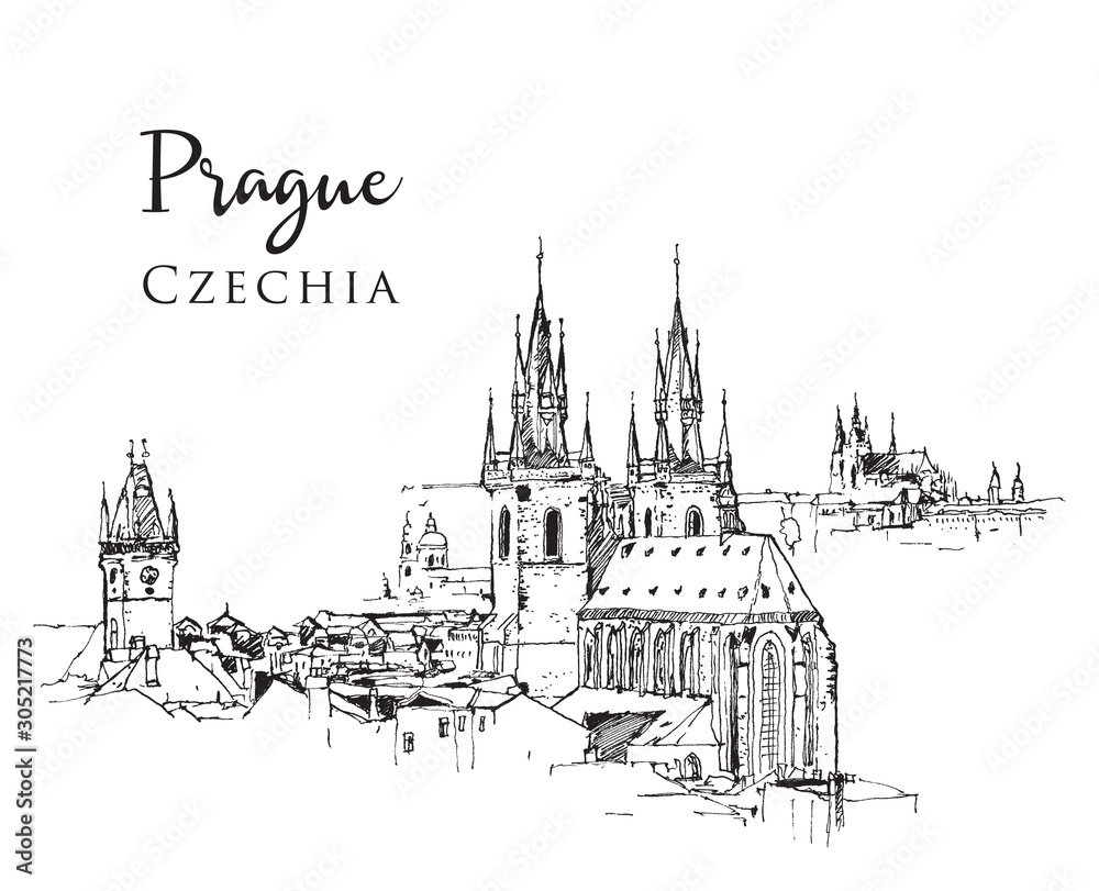 Drawing sketch illustration of Prague