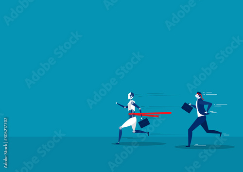 robot and businessman running on street compete concept vector illustration.