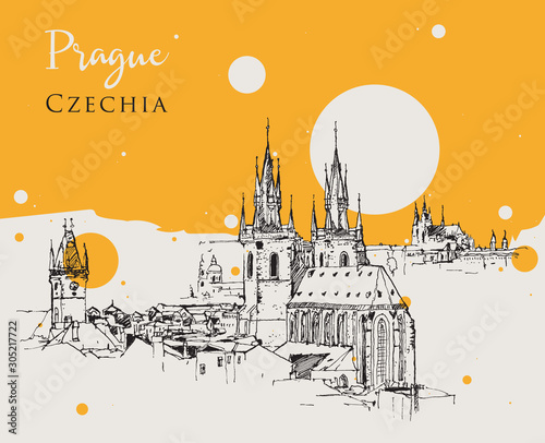 Drawing sketch illustration of Prague