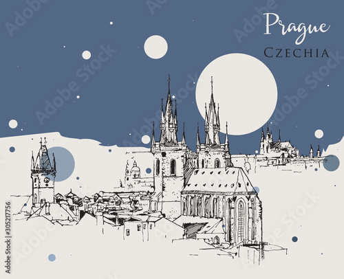 Drawing sketch illustration of Prague