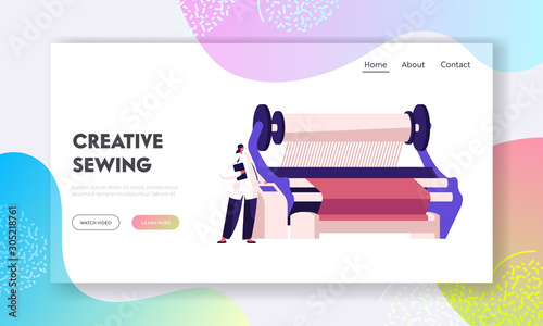 Textile Machinery Manufacture Website Landing Page. Factory Worker near Controlling Panel of Weaver Loom Creating Cloth. Plant Facilities, Equipment Web Page Banner. Cartoon Flat Vector Illustration