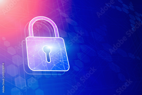 Cyber security and protection of private information and data concept. Lock on futuristic background with copyspace. Firewall from hacker attack.
