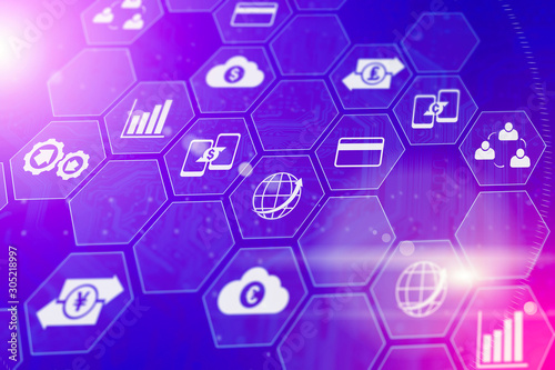 Fintech (financial technologies) concept. Business and trading icons, currencies and graphs on abstract futuristic backround.