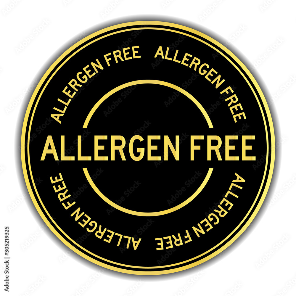 Gold color allergen free word round sticker on white background