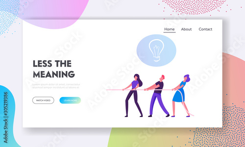 Tug of War in Business Website Landing Page. Group of Businesspeople Pulling Rope with Light Bulb Icon above Head. Team Fighting for Creative Idea Web Page Banner. Cartoon Flat Vector Illustration
