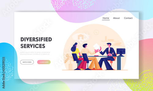 Family Couple Taking Bank Loan or Mortgage in Real Estate Office Website Landing Page. Clerk Show Documents Reviewing Giving Approved Credit Contract Web Page Banner. Cartoon Flat Vector Illustration