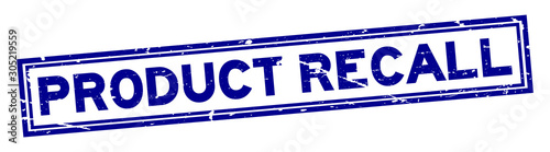 Grunge blue product recall word square rubber seal stamp on white background