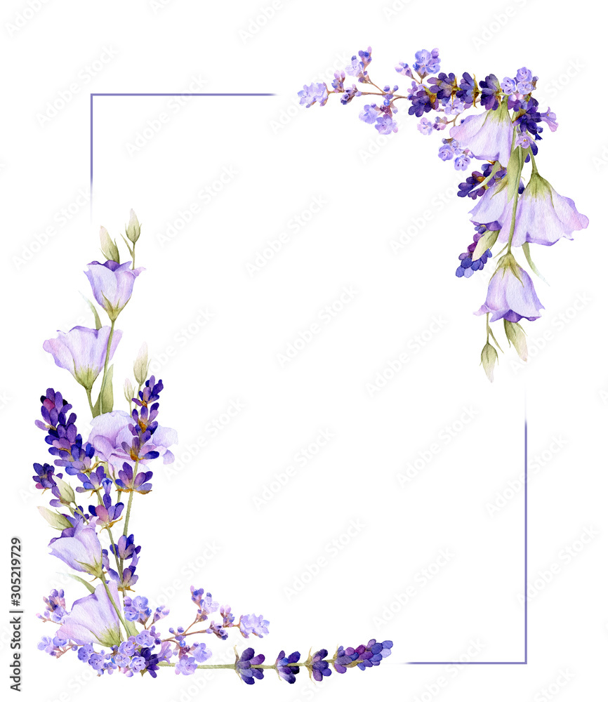 Picturesque square frame of lavender, bluebells, herbs hand drawn in watercolor isolated on a white background.Floral watercolor illustration.Ideal for creating invitations, greeting and wedding cards