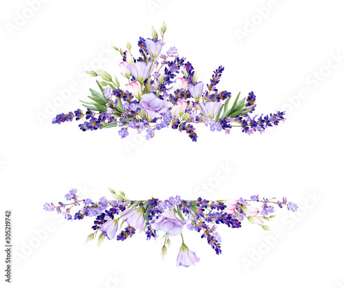 Picturesque frame of lavender  bluebells leaves  herbs hand drawn in watercolor isolated on a white background.Floral watercolor illustration.Ideal for creating invitations  greeting and wedding cards