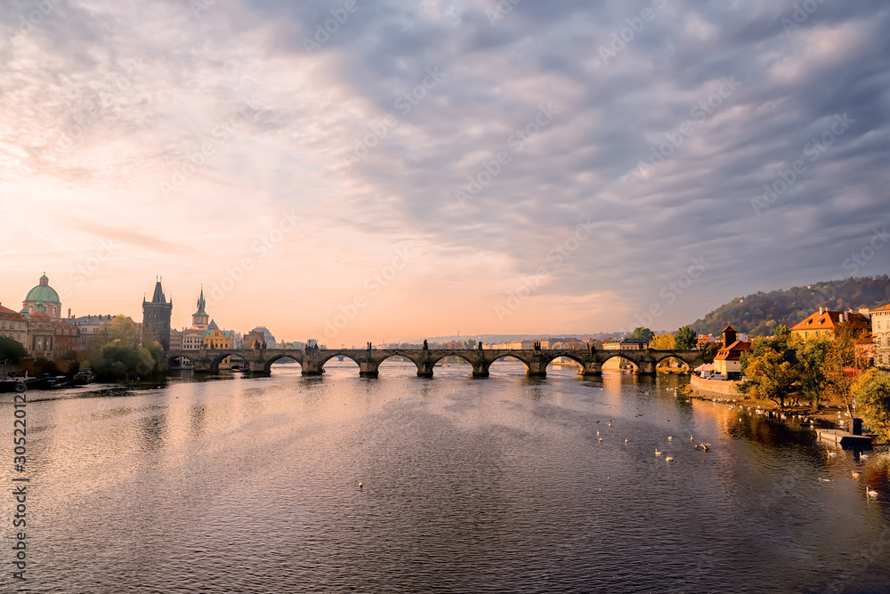 View on famous Prague Charles Bridge at sunset View on famous Prague Charles Bridge at sunset
