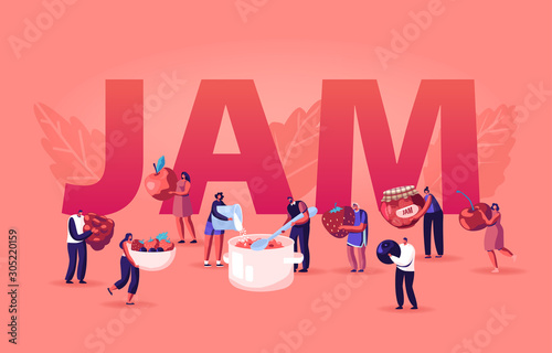 People Cooking Jam Concept. Characters Pouring Fresh Berries and Sugar to Huge Pan for Boiling and Put Dessert to Glass Jar. Preserving Poster Banner Flyer Brochure. Cartoon Flat Vector Illustration