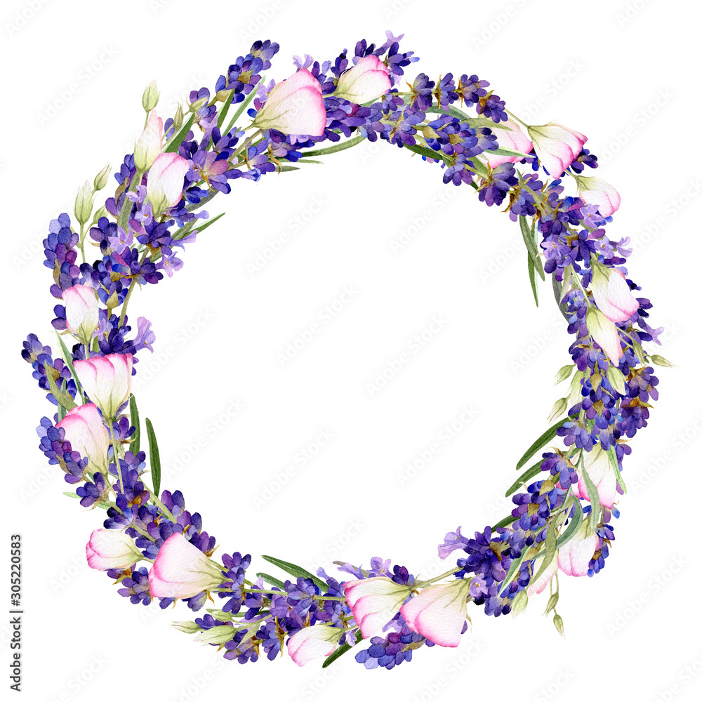 Hand drawn watercolor wreath with picturesque lavender flowers and bluebells isolated on a white background. Ideal for creating invitations, greeting cards. Floral illustration.Botanic composition Hand drawn watercolor wreath with picturesque lavender flowers and bluebells isolated on a white background. Ideal for creating invitations, greeting cards. Floral illustration.Botanic composition