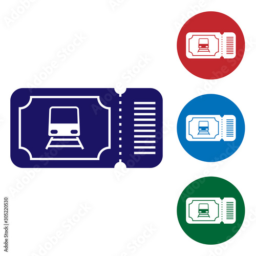 Blue Train ticket icon isolated on white background. Travel by railway. Set color icons in circle buttons. Vector Illustration