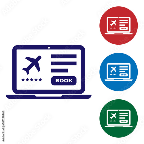 Blue Laptop with electronic boarding pass airline ticket icon isolated on white background. Passenger plane mobile ticket for web and app. Set color icons in circle buttons. Vector Illustration