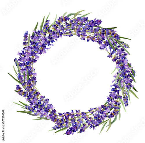 Hand drawn watercolor wreath with picturesque lavender flowers and leaves isolated on a white background. Ideal for creating invitations, greeting cards. Floral illustration.Botanic composition