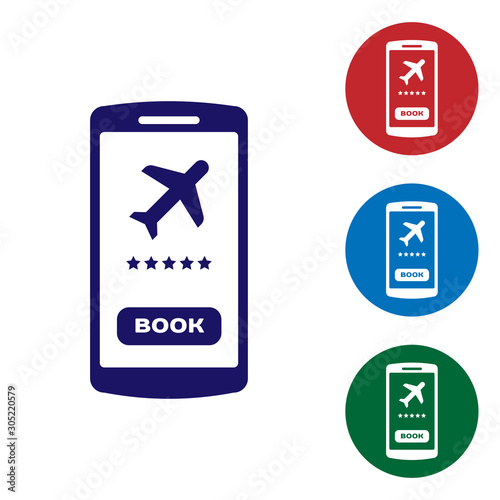 Blue Smartphone with electronic boarding pass airline ticket icon isolated on white background. Passenger plane mobile ticket for web and app. Set color icons in circle buttons. Vector Illustration