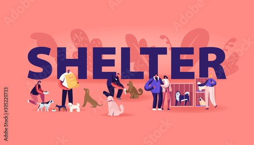 Rehabilitation or Adoption Center for Stray Pets Concept. Kind People Help Homeless Animals. Men and Women Adopting Pet from Shelter Poster Banner Flyer Brochure. Cartoon Flat Vector Illustration