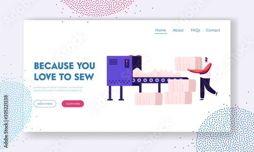 Carding Department in Sewing Plant Website Landing Page. Textile Factory Worker Put Raw Cotton Material on Conveyor Belt for Pressing and Making Bales Web Page Banner. Cartoon Flat Vector Illustration
