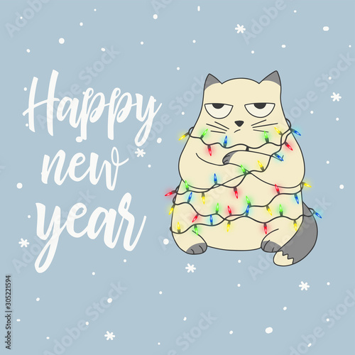 Christmas card Portrait of sad cat character design vector illustration