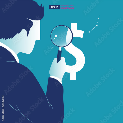 Businessman analyzes trends in currency changes. Business vector illustration