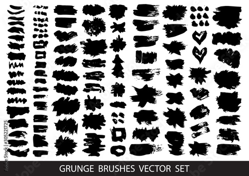 Set of black paint, ink brush strokes, brushes, lines. Dirty artistic design elements, boxes, frames for text. Vector illustration.