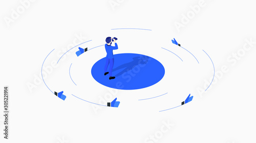 Businessman with binocular looking for likes. Searching social media like sharks. Conceptual vector research metaphor for social media marketing
