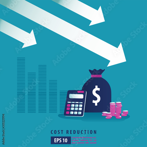 cost reduction strategy and analysis. pile of dollar coin fall down symbol