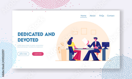 Woman Taking Loan or Mortgage in Real Estate Agency or Bank Office Website Landing Page. Manager Hold Document Communicate with Client, Discussing Deal Web Page Banner Cartoon Flat Vector Illustration