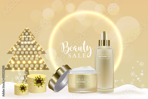 Beauty product ad design, gold cosmetic container with holiday concept advertising background ready to use, luxury skin care banner, illustration vector.	