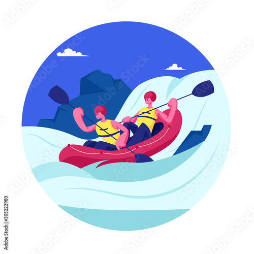 Kayaking or Rafting Sport Competition. Sportsmen Rowing in Kayaks at Rocky Shore. Wild Nature and Water Fun on Summer Vacation. Tourists Company Extreme Activity. Cartoon Flat Vector Illustration