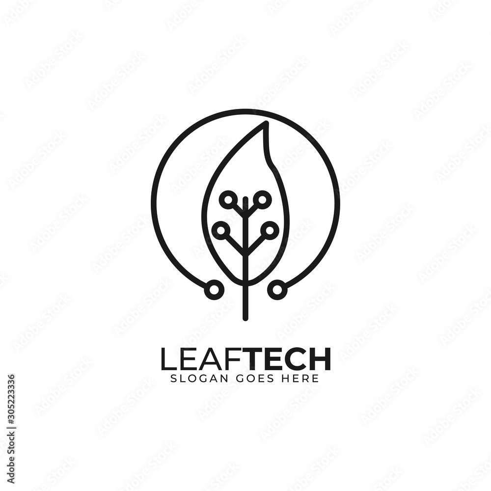 leaf tech logo concept with line art style and minimalist leaf tech logo concept with line art style and minimalist