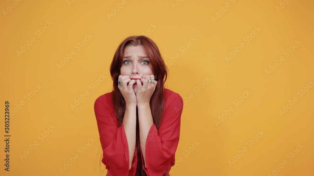 Red dressed lady is in trouble, and she is very scared. She is biting her nails as there is no solution in her mind to solve it. Red dressed lady is in trouble, and she is very scared. She is biting her nails as there is no solution in her mind to solve it.