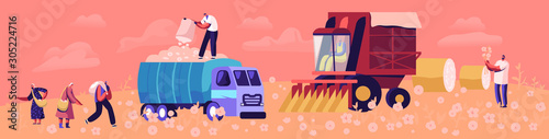 Cotton Harvesting Concept. Male and Female Laborer Characters Picking Fiber on Field and Put into Truck for Shipping and Transportation. Agribusiness Textile Industry. Cartoon Flat Vector Illustration