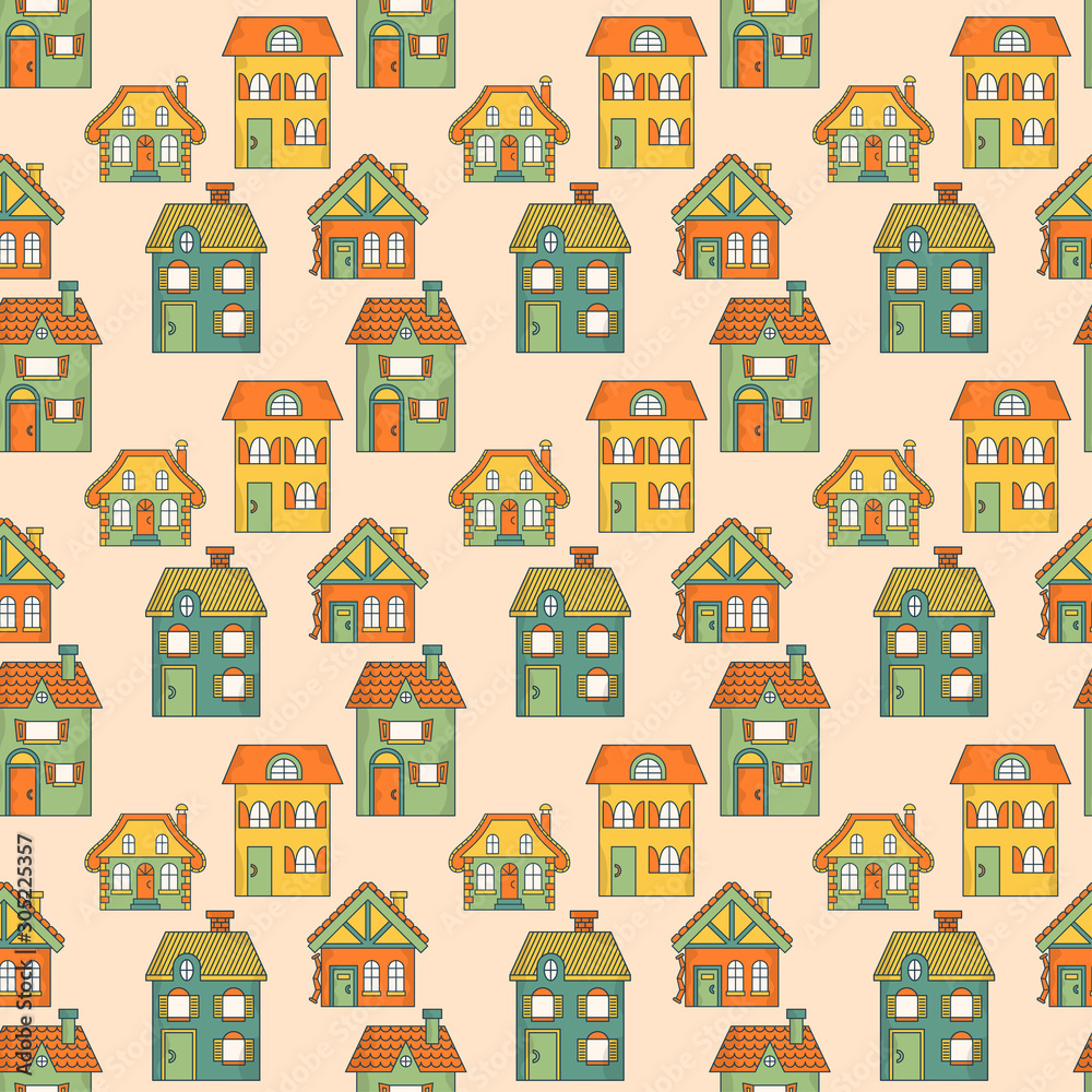 Seamless colorful pattern with houses. Background suitable for textile design, web page background, surface textures, wallpaper.