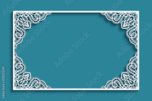 Rectangle frame with lace corner patterns, cutout paper ornament, template for laser cutting, elegant decoration for wedding invitation or name place card design